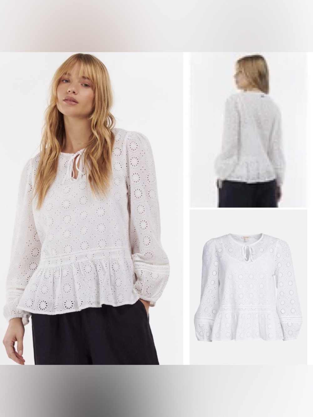 Barbour Cherbury White Eyelet Peplum Tie-Front Top Blouse (UK10, US6)